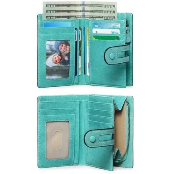 New Small Wallet RFID Blocking Bifold Genuine Leather Turquoise - Picture 9 of 10